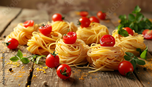 Dry Italian pasta Barbine in nests with cherry photo