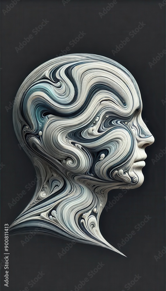 Surreal Artistic Human Head Portrait with Wavy Patterns – Abstract AI Generated Image of a Profile Silhouette in Black Background Surreal Artistic Human Head Portrait with Wavy Patterns – Abstract AI Generated Image of a Profile Silhouette in Black Background