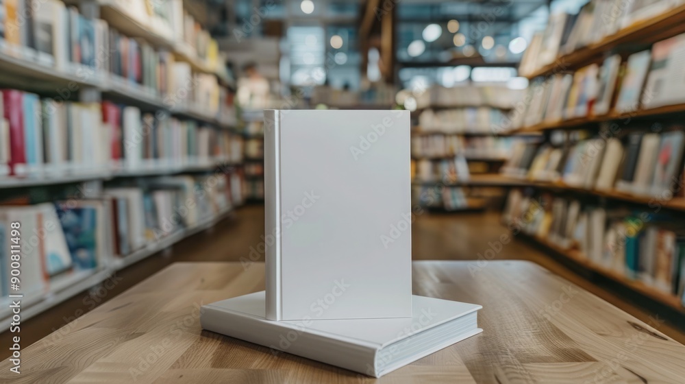 White Cover Book Mockup in Brightly Lit Bookstore White Cover Book Mockup in Brightly Lit Bookstore
