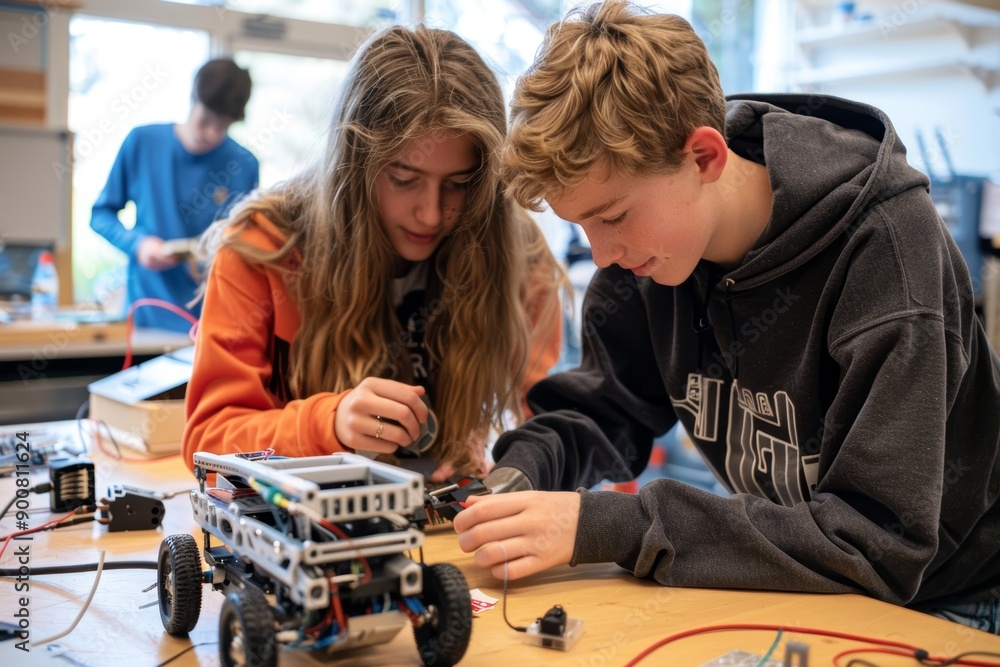 Teen Classmates Collaborating on Robot Assembly for STEM Project in Modern Classroom Setting Teen Classmates Collaborating on Robot Assembly for STEM Project in Modern Classroom Setting