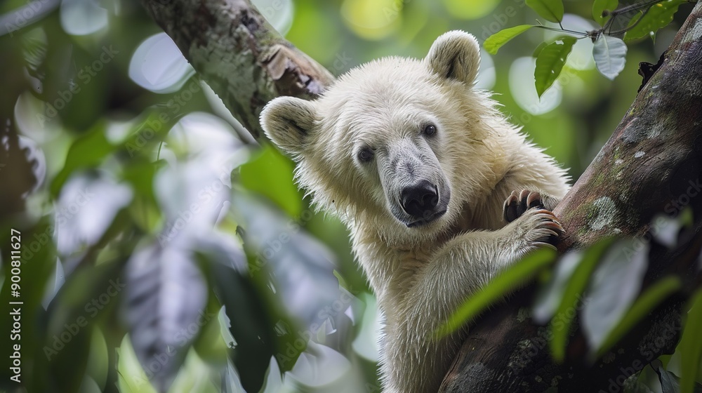 Obraz premium A Young Polar Bear Cub Resting in a Tree in a Lush Green Forest