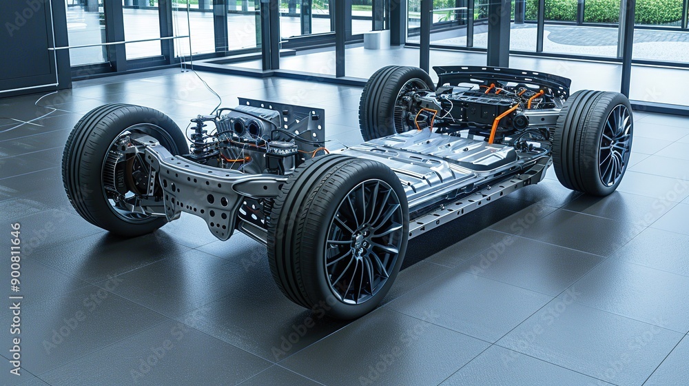 Electric Vehicle Chassis Displayed in Modern Showroom Electric Vehicle Chassis Displayed in Modern Showroom