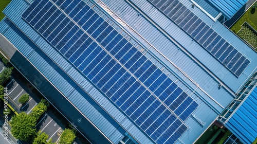 Aerial View of Solar Panels on a Building Roof