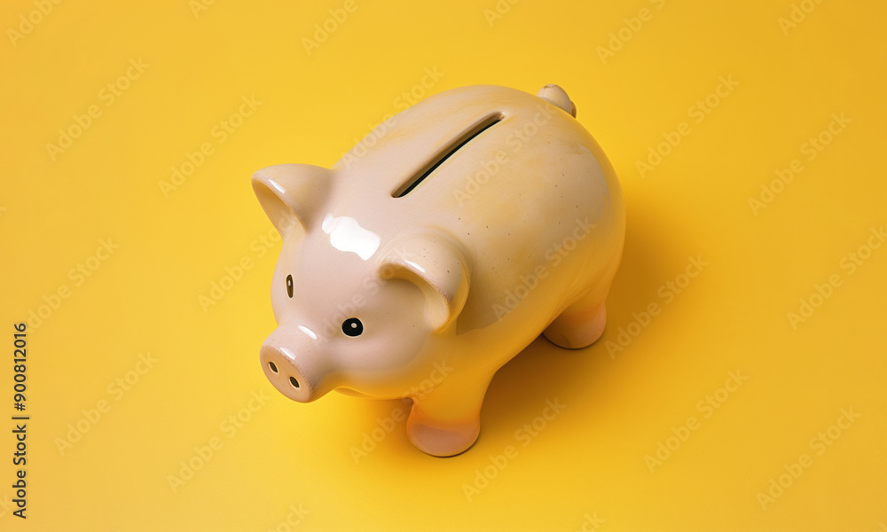 Simple ceramic porcelain piggy saving bank. Studio photo from above on yellow background. Generative AI Simple ceramic porcelain piggy saving bank. Studio photo from above on yellow background. Generative AI