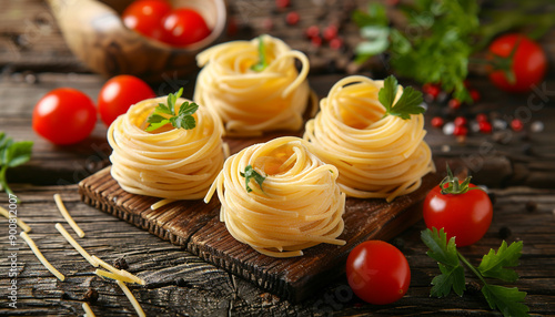 Dry Italian pasta Barbine in nests with cherry photo