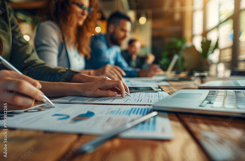 Working group gathered around a table studying company statistics to improve various aspects of the company Working group gathered around a table studying company statistics to improve various aspects of the company