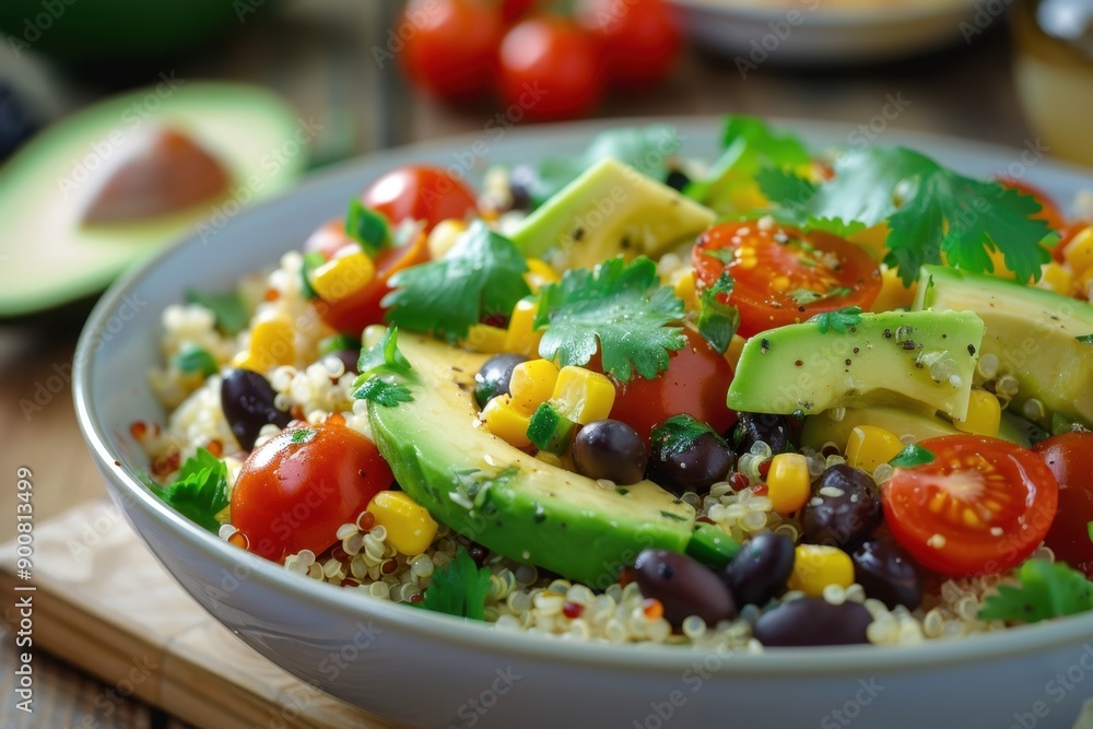Nutritious quinoa salad bowl with avocado slices, tomatoes, beans, corn, and fresh vinaigrette dressing Nutritious quinoa salad bowl with avocado slices, tomatoes, beans, corn, and fresh vinaigrette dressing