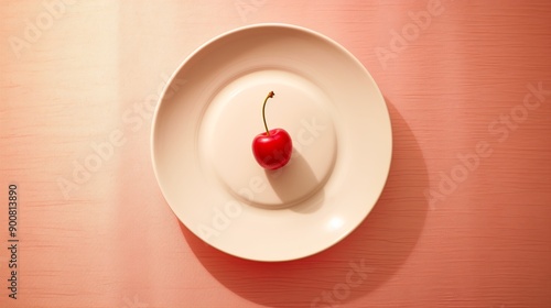 Top view of a cherry in a ancient white plate, on a satured red background, subdued light, light pastel, product photography photo