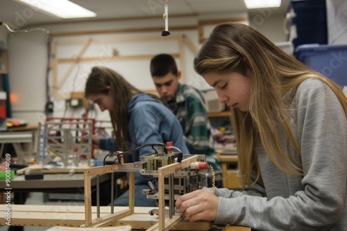 Students Collaborating on Physics Project, Constructing Apparatus and Testing Hypotheses in Classroom photo