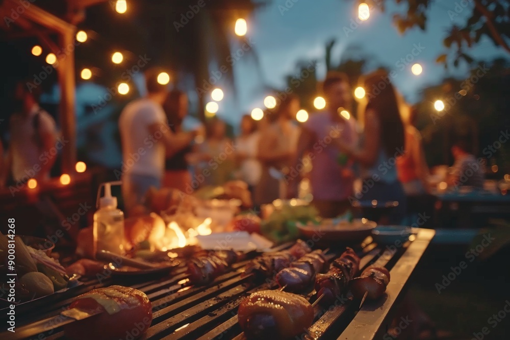 Friends are socializing at a barbecue, gathered around a grill covered with various grilled foods. The scene is set in the evening, and the ambiance is warm and inviting. Friends are socializing at a barbecue, gathered around a grill covered with various grilled foods. The scene is set in the evening, and the ambiance is warm and inviting.