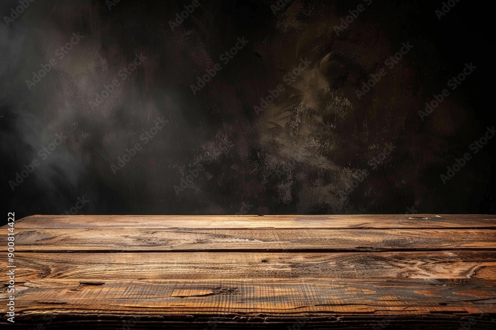 Empty wood table surface with a dark, textured backdrop, ideal for display or montage Empty wood table surface with a dark, textured backdrop, ideal for display or montage