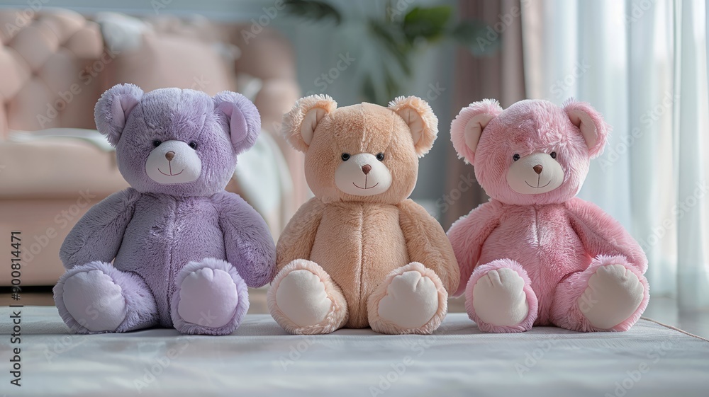 Three teddy bears sitting on a couch in a living room Three teddy bears sitting on a couch in a living room