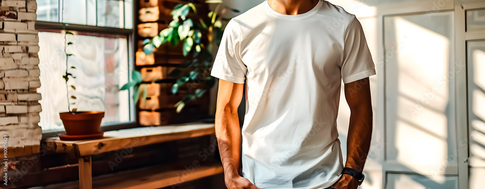 Torso of a man in a white T-shirt. Torso of a man in a white T-shirt.