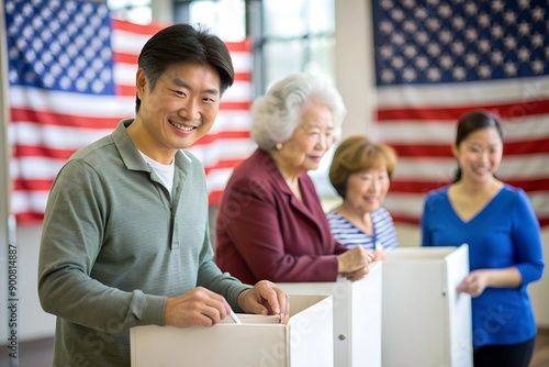 Profile view across voting booths with focus on Asian man casting votes in foreground. Medium shot. Senior woman and young woman voters visible behind, with US flag in background