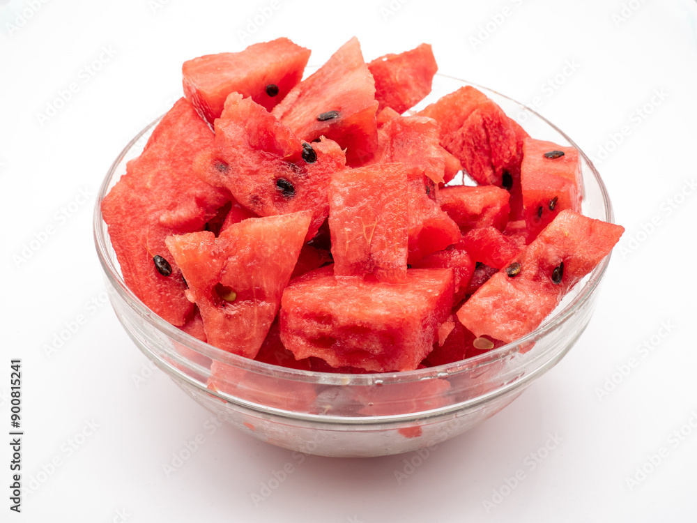 bowl of watermelon fruit cube slice isolated on white background bowl of watermelon fruit cube slice isolated on white background