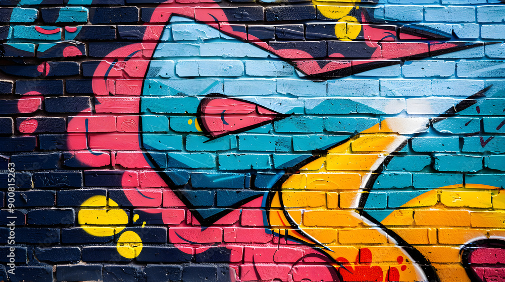 Colorful graffiti in edgy style on weathered brick wall with numbers, shapes, and symbols. Colorful graffiti in edgy style on weathered brick wall with numbers, shapes, and symbols.