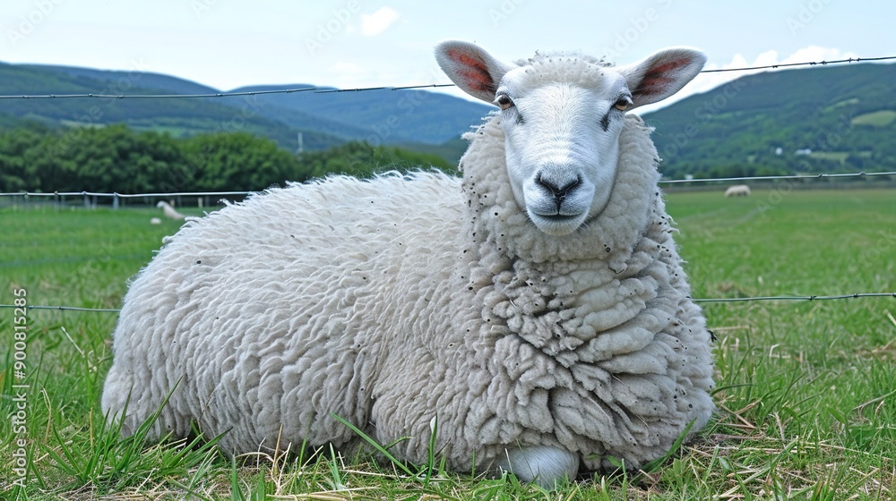 Fototapeta premium Close-up of a sheep resting in tall grass near a wire fence against a mountainous backdrop