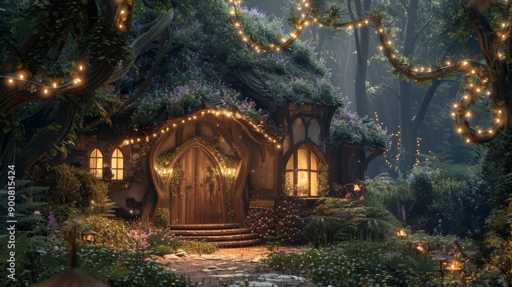 A whimsical fairy tale house in a lush, blooming garden, adorned with strings of lights under the canopy of trees, exuding charm and magic.