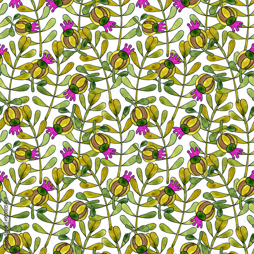 Seamless pattern with wildflowers of burdock and thistle, decolorized on a white background. photo