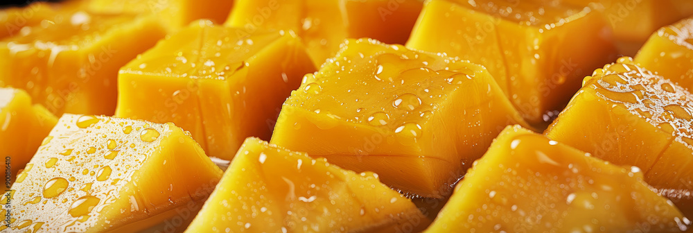 Banner of close-up piece of mango with water droplets Banner of close-up piece of mango with water droplets