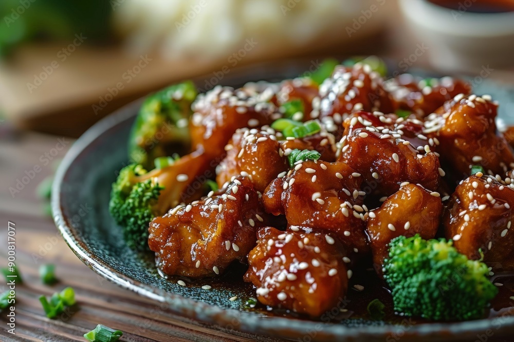 Aesthetic presentation of glazed chicken garnished with sesame seeds and accompanied by broccoli, arranged on a rustic plate, highlighting the contrasting textures and flavors. Aesthetic presentation of glazed chicken garnished with sesame seeds and accompanied by broccoli, arranged on a rustic plate, highlighting the contrasting textures and flavors.