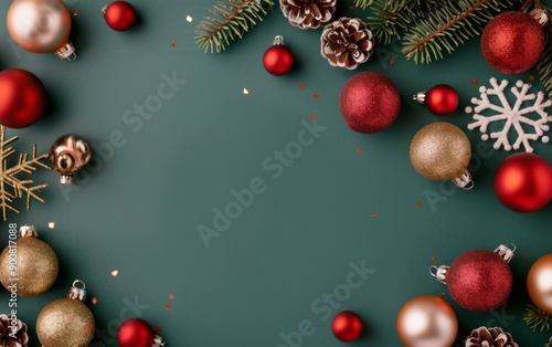 Christmas Ornaments on Green Background