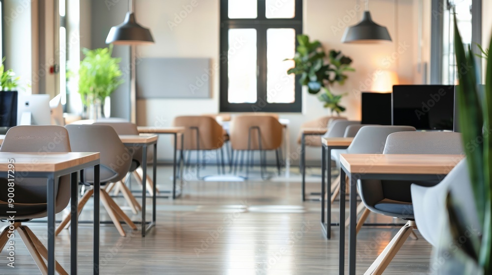 A bright and modern office space featuring abundant natural light and numerous plants, designed to foster creativity and comfort with clean lines and a contemporary aesthetic. A bright and modern office space featuring abundant natural light and numerous plants, designed to foster creativity and comfort with clean lines and a contemporary aesthetic.