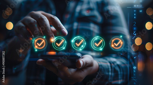 A person uses a smartphone to interact with virtual check marks, illustrating the concept of completing tasks or verifying steps through a digital interface, set against a softly lit background.