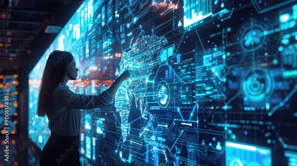 Big data analytics with AI technology. Data analyst analyzing and visualizing complex information network with artificial intelligence. Big data analytics with AI technology. Data analyst analyzing and visualizing complex information network with artificial intelligence.