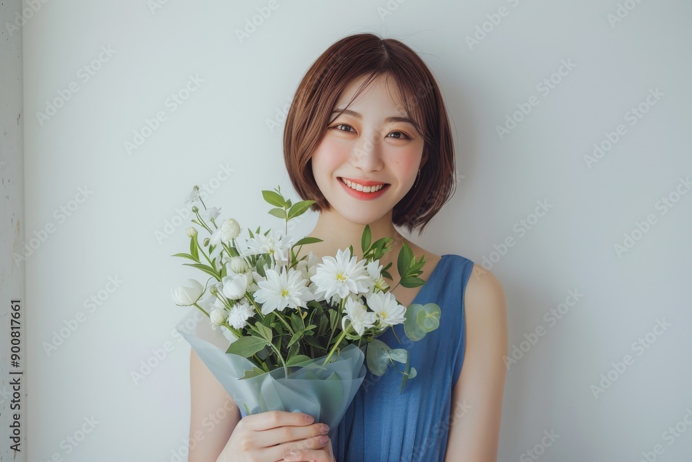 花束を持つ笑顔の清楚な日本人女性(ポートレート・デザイナー・綺麗・30代) 花束を持つ笑顔の清楚な日本人女性(ポートレート・デザイナー・綺麗・30代)