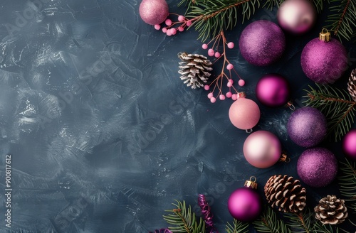 Pink And Purple Christmas Ornaments On Blue Background