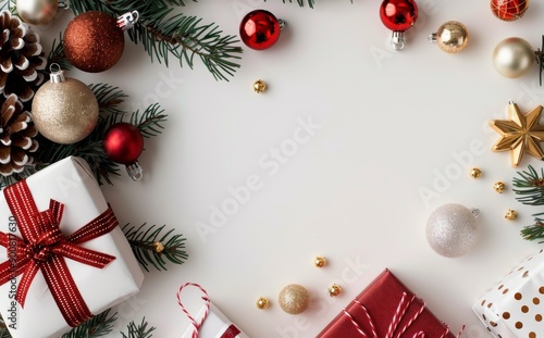 Christmas Ornaments and Gifts on Grey Background