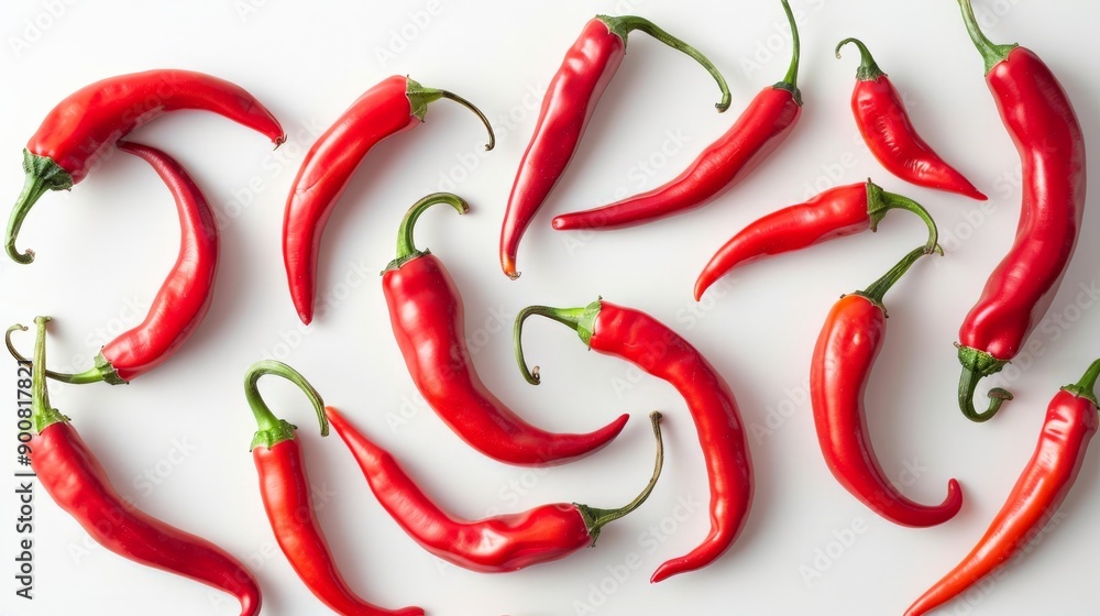 This photograph showcases a collection of colorful chili peppers in varied shapes artfully arranged on a white surface, highlighting their freshness and vibrant colors. This photograph showcases a collection of colorful chili peppers in varied shapes artfully arranged on a white surface, highlighting their freshness and vibrant colors.