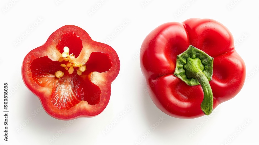 A whole red bell pepper and a cross-sectioned slice are placed side by side on a white background, illustrating the texture, seeds, and freshness of the produce. A whole red bell pepper and a cross-sectioned slice are placed side by side on a white background, illustrating the texture, seeds, and freshness of the produce.