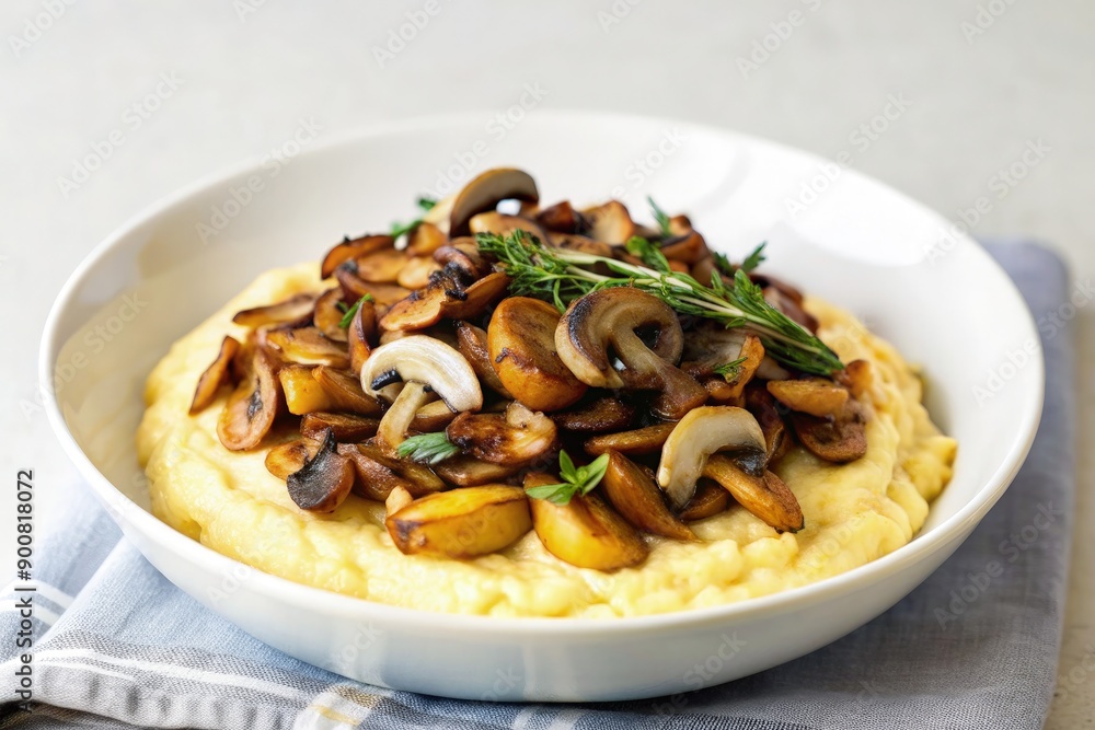 Creamy Polenta Topped With Roasted Mushrooms and Caramelized Onion for a Cozy Evening Meal. Generative AI Creamy Polenta Topped With Roasted Mushrooms and Caramelized Onion for a Cozy Evening Meal. Generative AI
