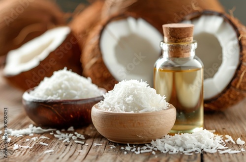 Coconut Flakes and Oil on Wooden Table
