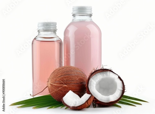 Coconut Oil and Fresh Coconut on White Background