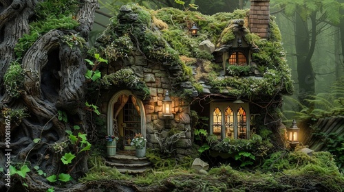 A fairytale stone house, charmingly covered in moss and ivy, with glowing lanterns and picturesque windows, situated in a mystical and serene forest setting.