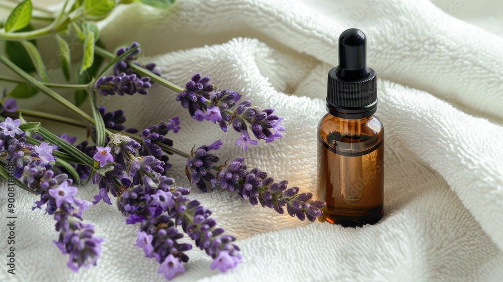 Aromatherapy dropper bottle on white towel with lavender sprigs Aromatherapy dropper bottle on white towel with lavender sprigs