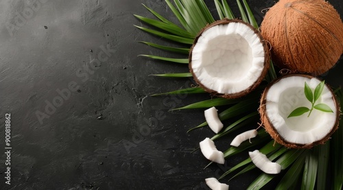 Coconut Halves and Pieces on Palm Leaf