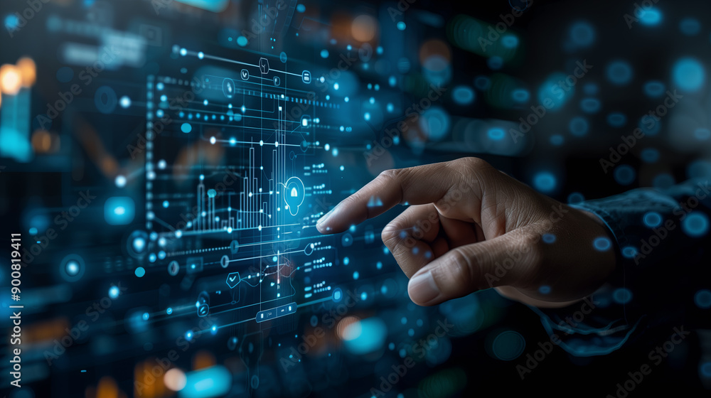 A hand of a businessman touching stock market financial investment and trading graph interface A hand of a businessman touching stock market financial investment and trading graph interface