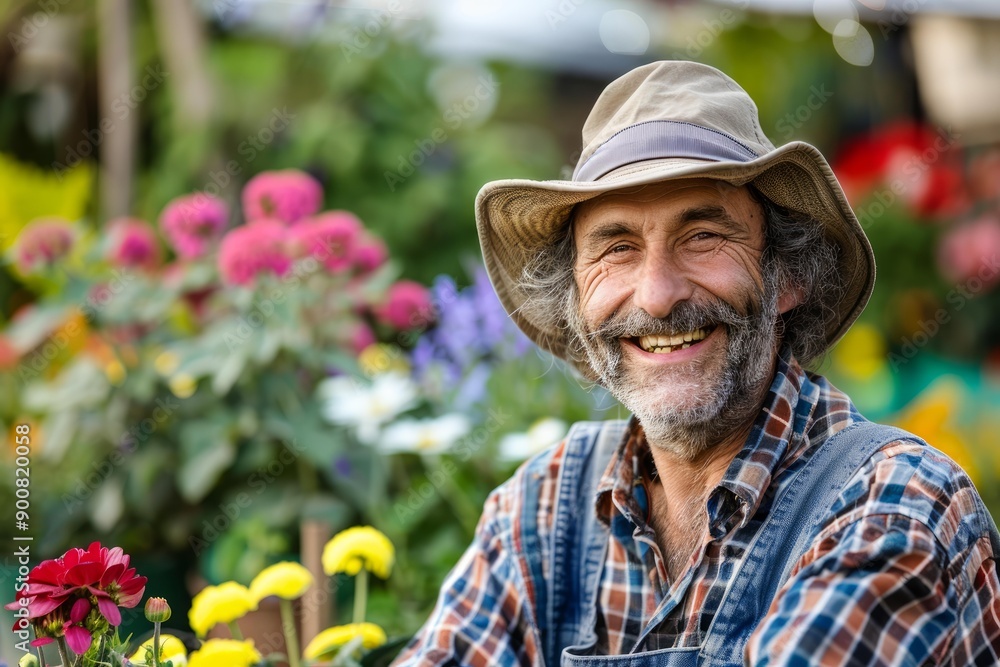 Happy elderly man in hat smiling in a vibrant flower garden Happy elderly man in hat smiling in a vibrant flower garden
