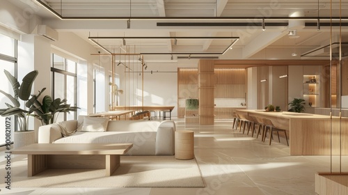 An open space office with a minimalistic design featuring neutral wooden interiors. The space includes large windows and light wooden furniture creating a serene atmosphere. © ChaoticMind