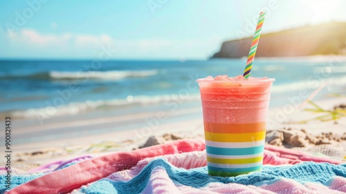 Colorful striped cup with fruity smoothie on sandy beach under blue sky