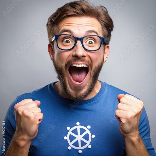 Enthusiastic Nerd Celebrates Kubernetes Scaling Achievement in Modern Workspace Setting. Generative AI photo