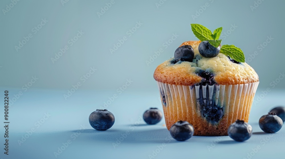 Delicious blueberry muffin with fresh blueberries and mint on blue background Delicious blueberry muffin with fresh blueberries and mint on blue background