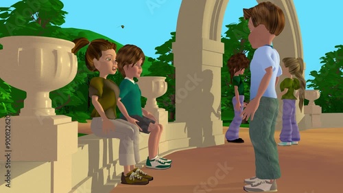 3d animation, five cartoons characters speaking or talking in the park