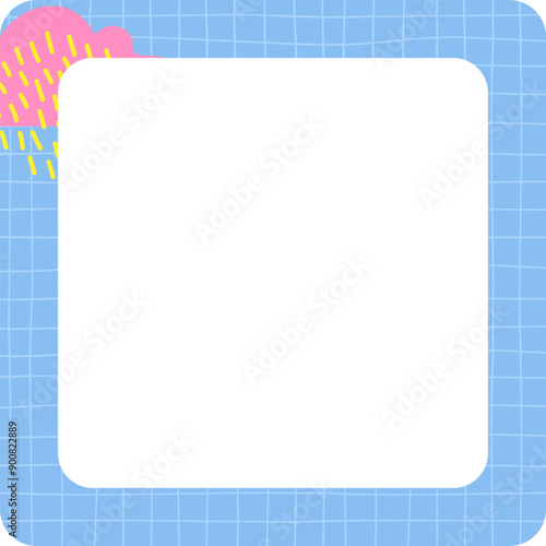 Blue chequered memo card with abstract shapes template. Stock vector illustration in flat cartoon style. School planner sticker.