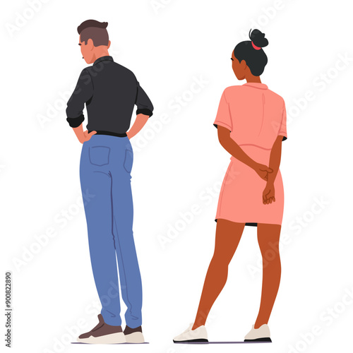 Cartoon Man In A Black Shirt And Blue Pants Stands With His Back Turned, Hands On Hips, Next To A Woman In Pink Dress