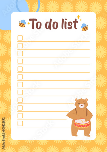 Cute yellow checklist template with bear. Stock vector illustration in flat cartoon style. kids planner page for notebook.